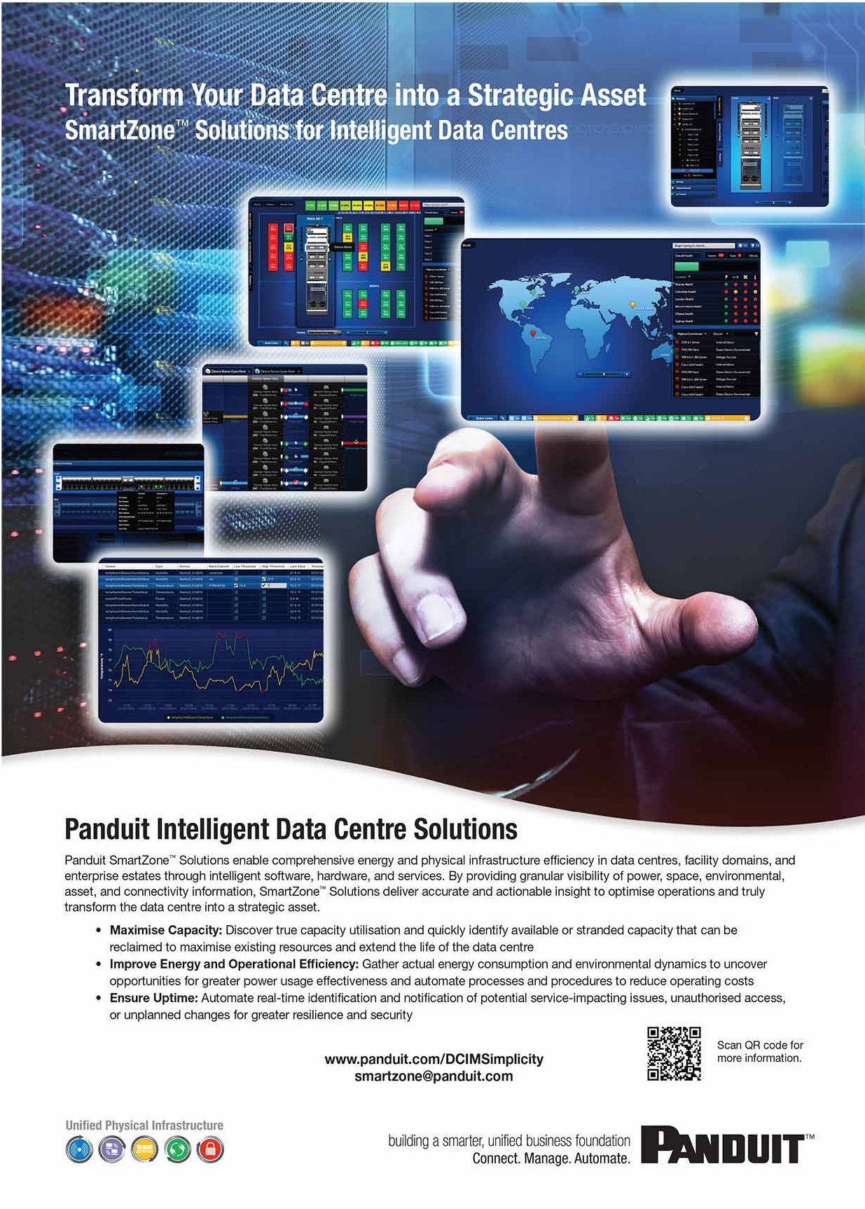 Panduit SmartZone print ad: Transform Your Data Centre into a Strategic Asset, a hand interacting with floating DCIM software dashboards